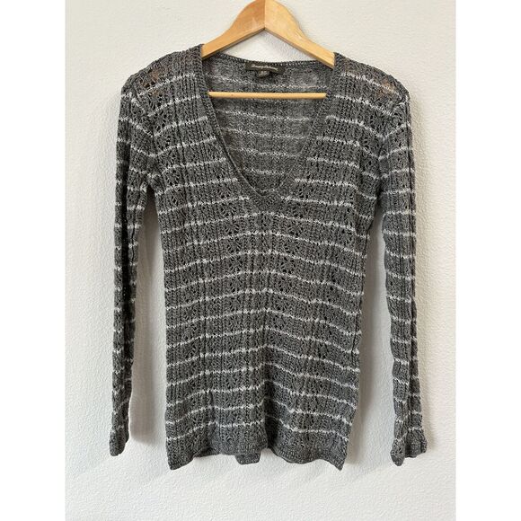 Tommy Bahama Women's Sweater Gray Striped Pointelle Knit V Neck Tunic Linen S - Picture 1 of 5